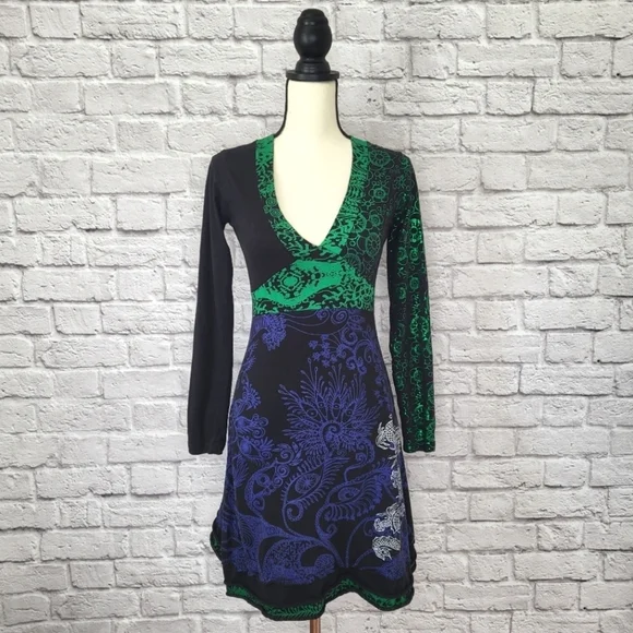 Desigual dress black green blue fit flare long sleeve dragon zebra detail Sz S - Picture 2 of 15